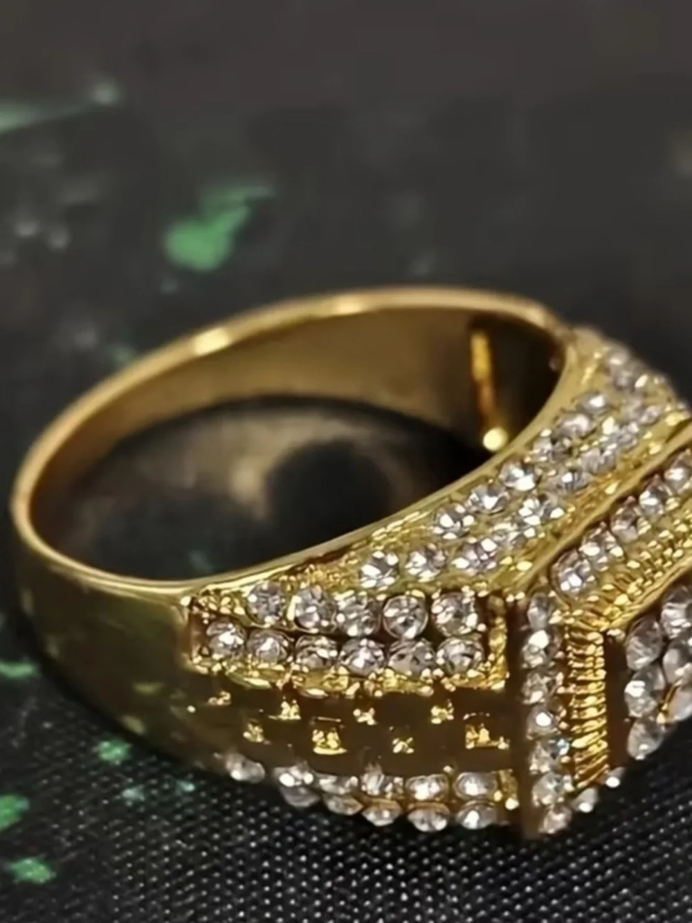 Gold and Silver Men's Pave Cocktail Ring with Clear Stones Sz 8